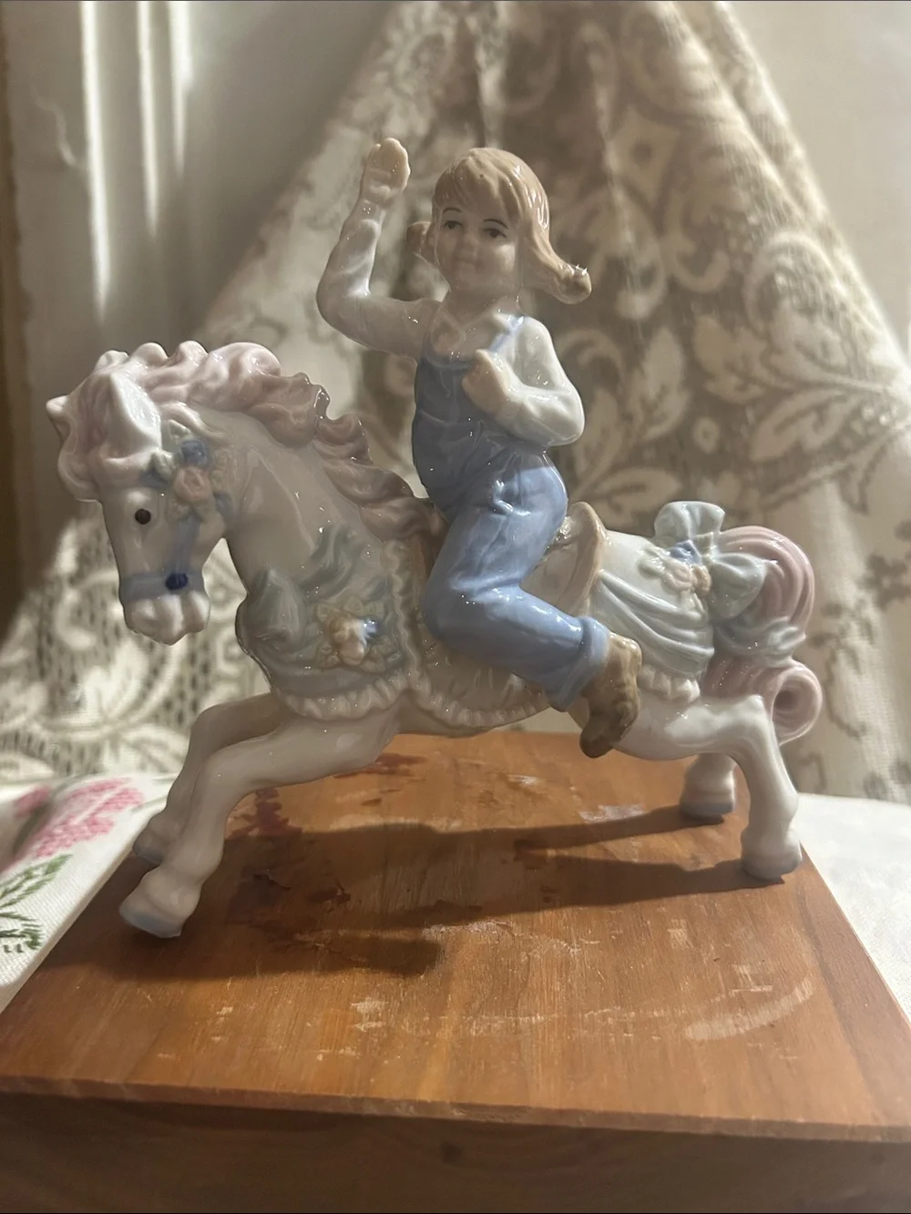 Porcelain Girl on Carousel Horse Figurine - Cream & Blue